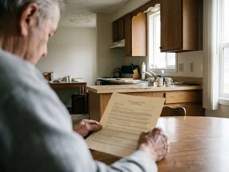 Homeowner reading printed guidance at a kitchen table, faint ceiling discoloration soft in the background
