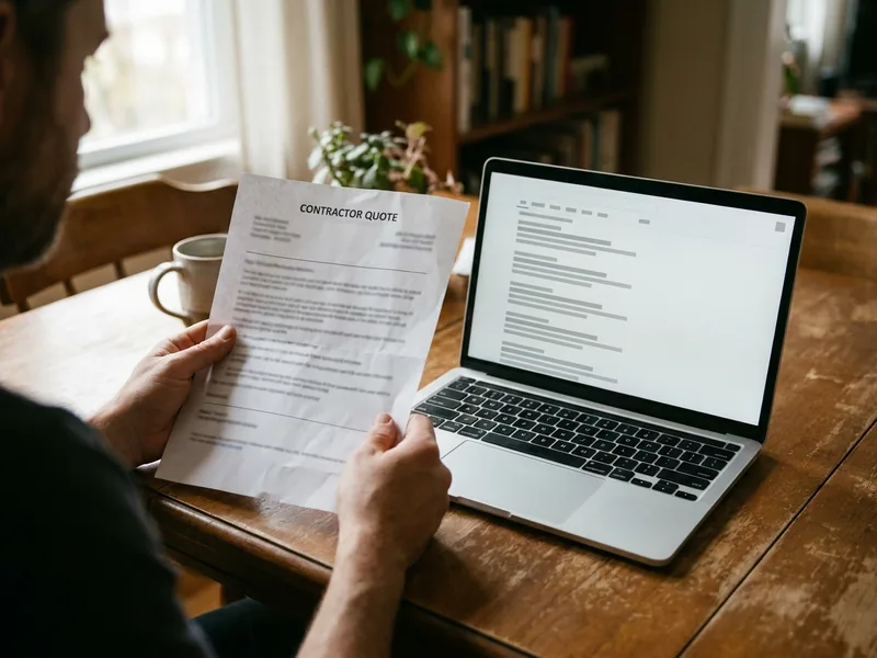 Hands holding a printed quote beside a laptop open to a search results page