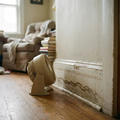 Water-stained baseboard with a small fan angled toward it to dry