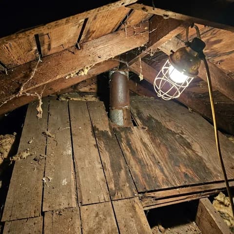 Attic roof sheathing with dark staining around a roof vent