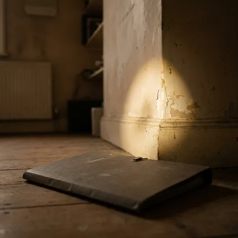 Flashlight beam on a wall corner with a report folder in the foreground
